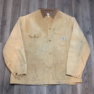 Vintage 1980s Carhartt Thrashed Tan Blanket Lined Chore Jacket Men’s 52 Tall